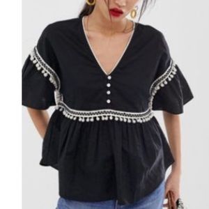 Mango pom pom detail blouse in black